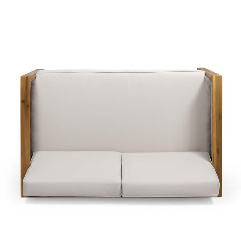 Roomfitters Acacia Wood and Wicker Loveseat Patio Set with Cushions and Coffee Table, Teak Beige