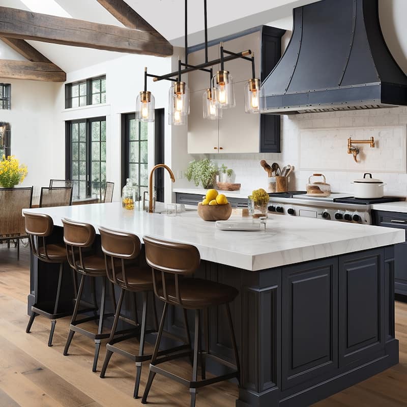 Modern Farmhouse 6-light Black Gold Linear Chandelier Islands Lights for Dining Room - L 27.5" x W 13" x H 11.5"