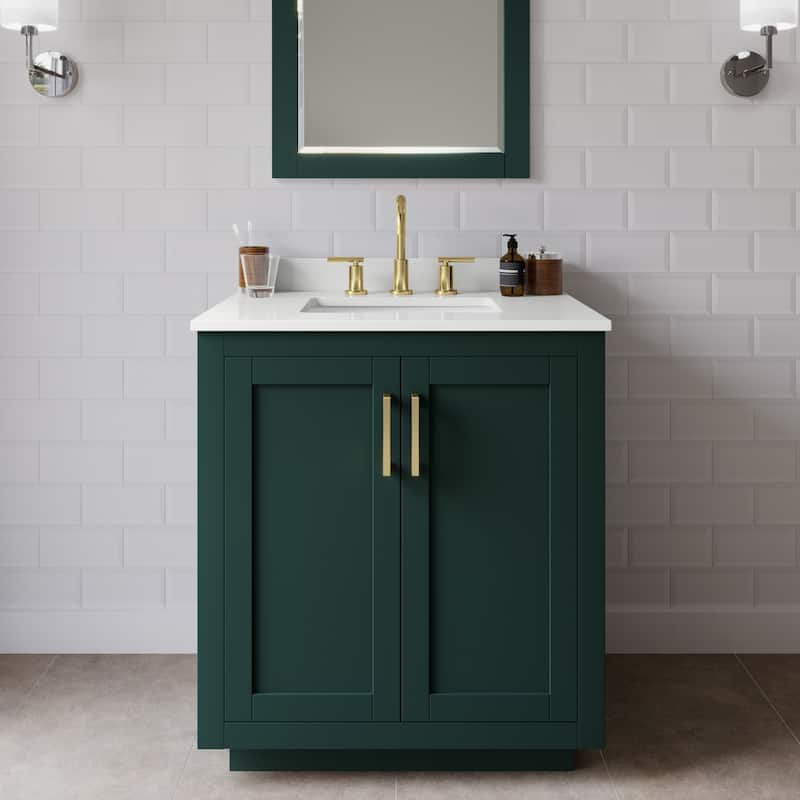 Wyndham Collection WCF292930S-QTZ-US3MXX Miranda 30" Free Standing - Green / White Quartz Top / Brushed Gold Hardware