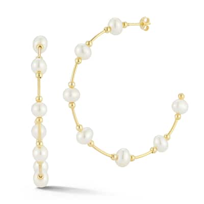 Soleil Sterling Silver Freshwater Pearl Station Large Hoop Earrings