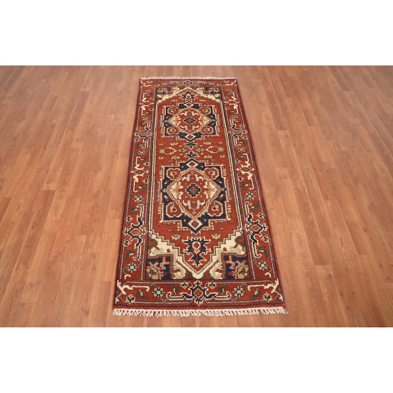 Hand Knotted Oriental 100% Wool Carpet Traditional Geometric Oranges & Rust Heriz (serapi) Area Rug - 6' 0'' X 2' 8''