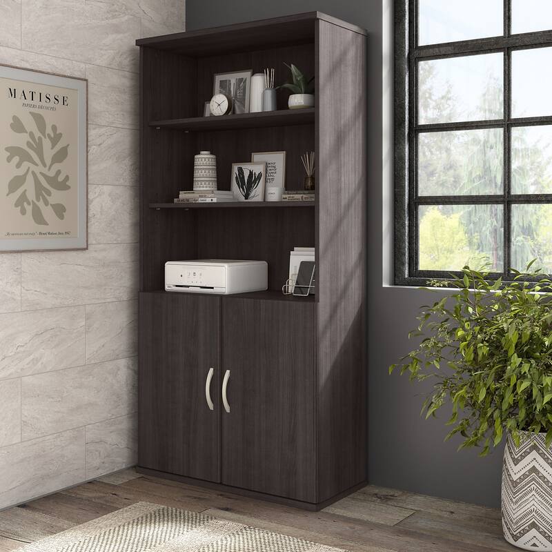 Hybrid Tall 5 Shelf Bookcase with Doors by Bush Business Furniture - Storm Gray