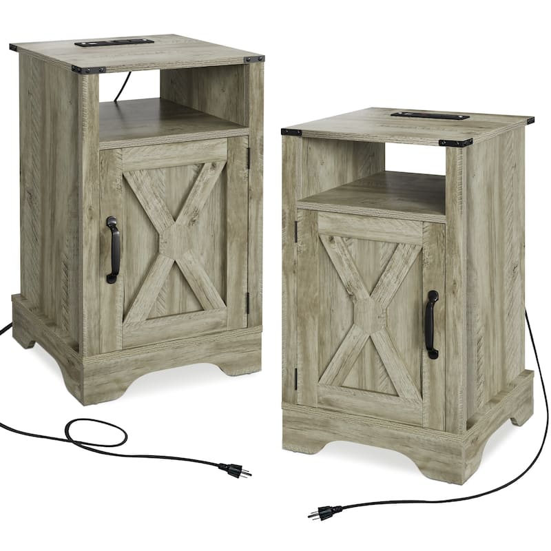 Farmhouse Nightstand with Charging Station and Barn Door (Set of 2) - Almond