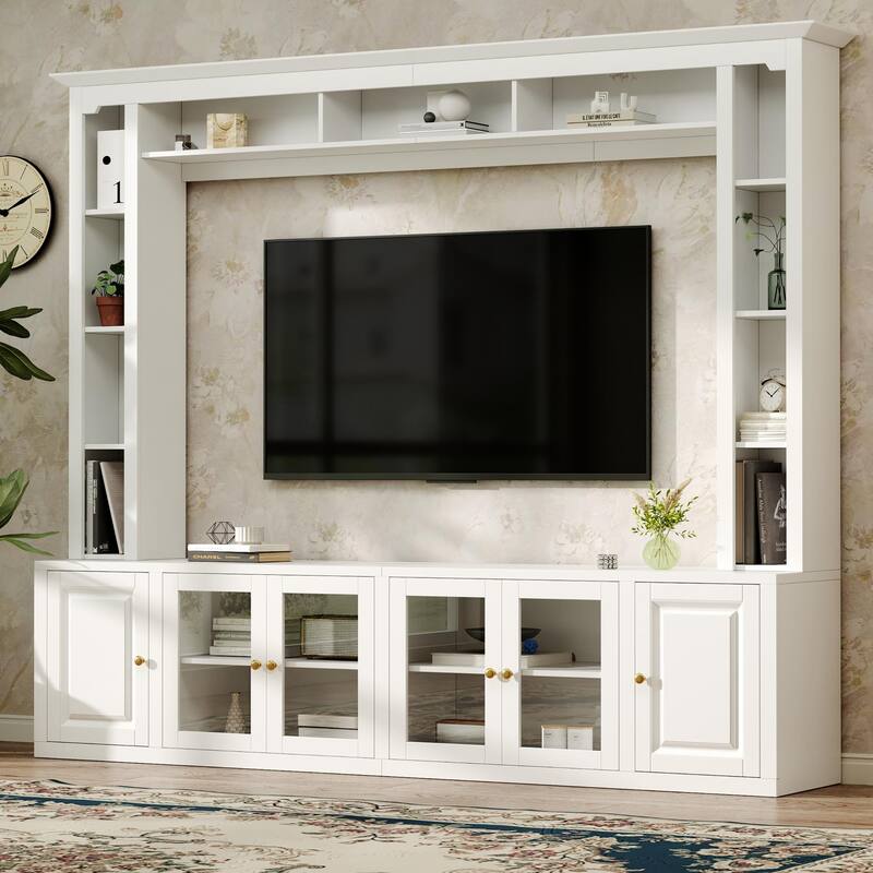 4-Piece Modern TV Stand, for 80/92-Inch TVs with Bookshelves and Adjustable Shelves, for Living Rooms, White - White