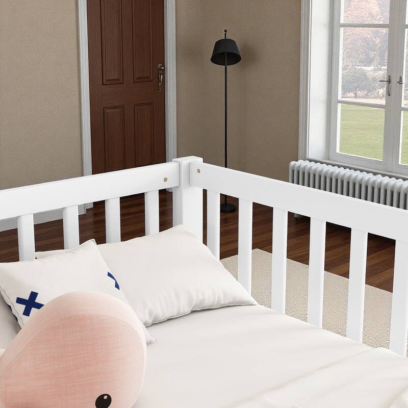 Double Twin Floor Bed with Fence and Guardrails, Solid Pine Wood Frame Montessori Bed for Kids