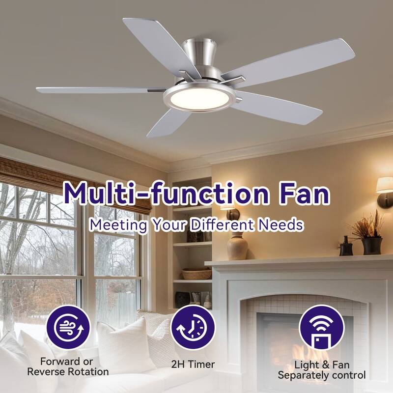 52/54 Inch Flush Mount Low Profile Ceiling Fan with Light,Remote and App Control
