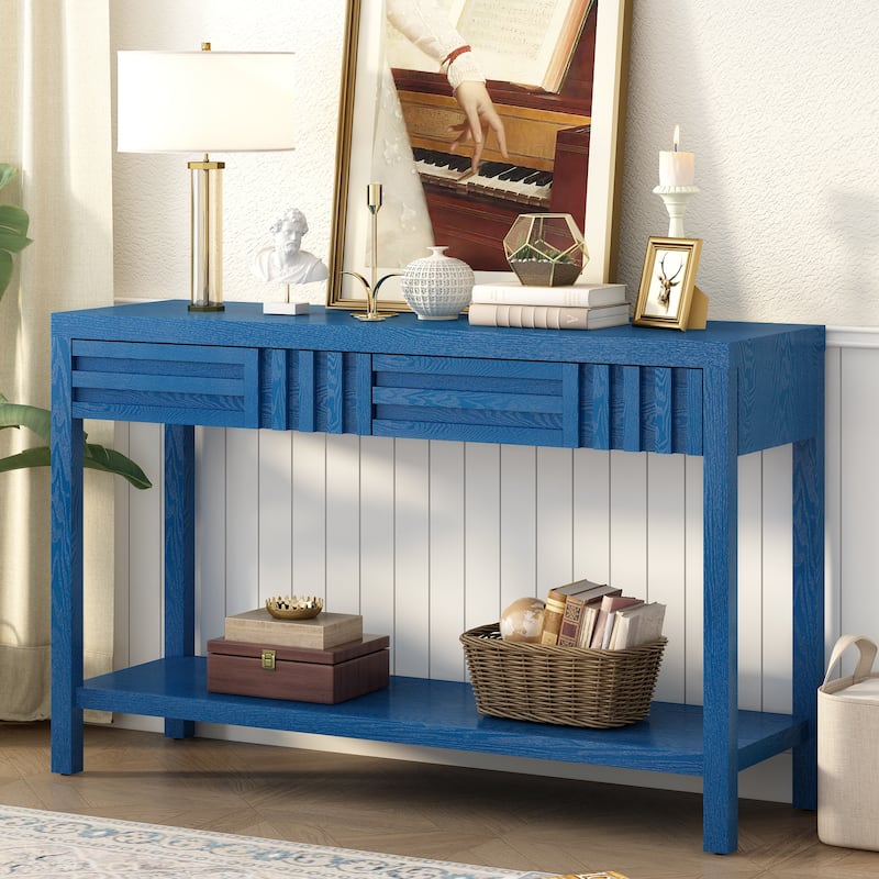 Wooden Console Table, Hallway Tables with 2 Drawers and Open Shelf - Blue