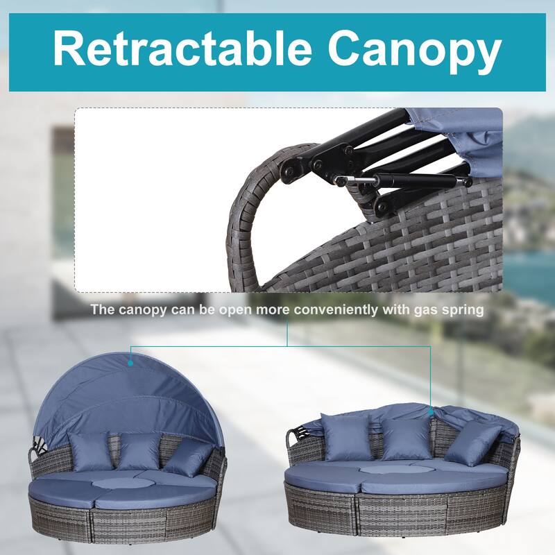 Outsunny 4-piece Cushioned Outdoor Rattan Wicker Round Sunbed or Conversational Sofa Set with Sun Canopy