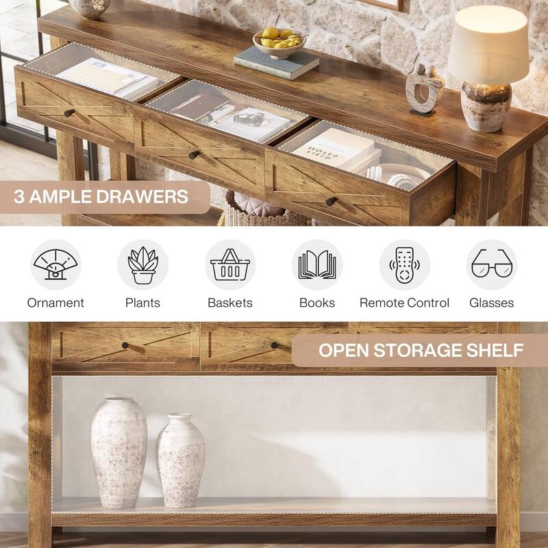 70.9” Extra Long Console Table with 3 Drawers, Farmhouse Entryway Table with Storage Shelf