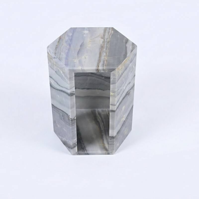 Roomfitters Luxury Natural Marble Hexagon Side Table, Solid Stone Geometric Pedestal End Table, Polished Finish
