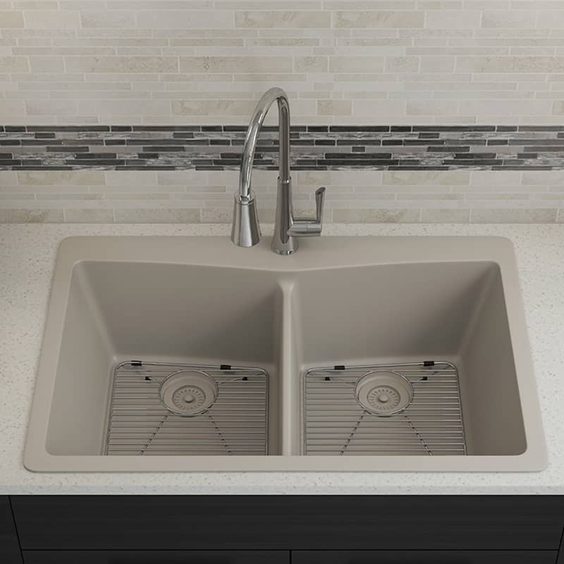 Lexicon Platinum Quartz 33 Inch Double Equal Bowl Undermount Kitchen Sink with Bottom Grids and Strainers , Disposal Flange