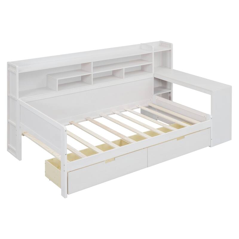 Wooden Twin Size Daybed with Storage Shelves, Multi-functional Bed with Two Storage Drawers and Study Desk