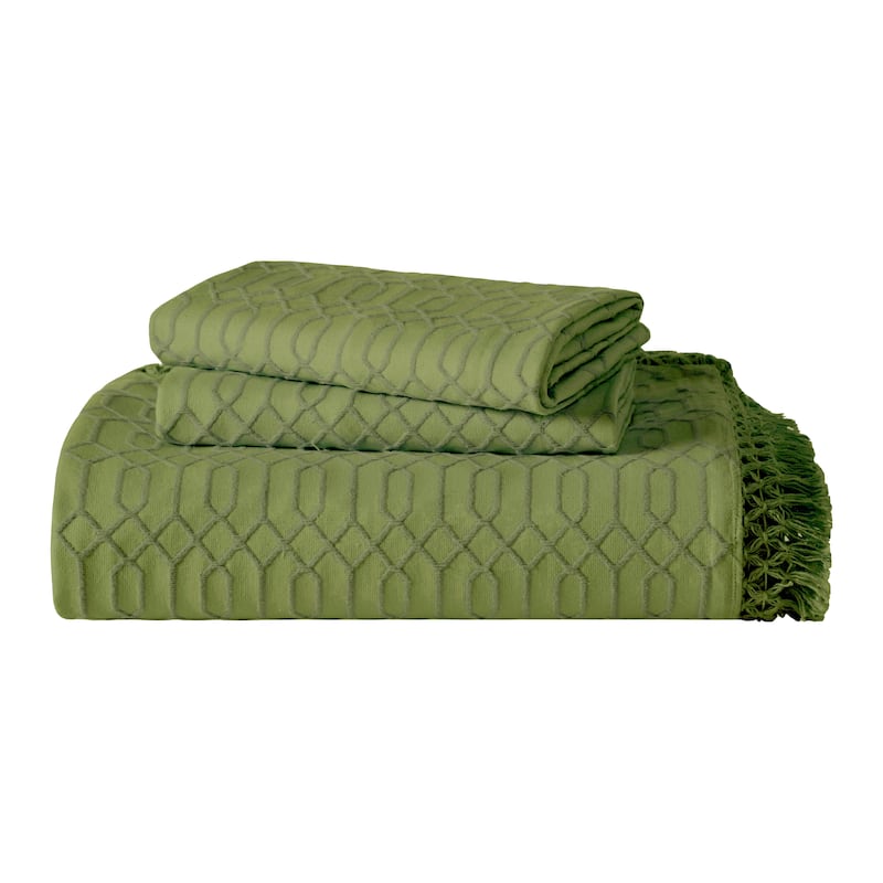 Blue Nile Mills Geometric Jacquard Cotton Blend 3-Piece Bedspread Set with Fringe