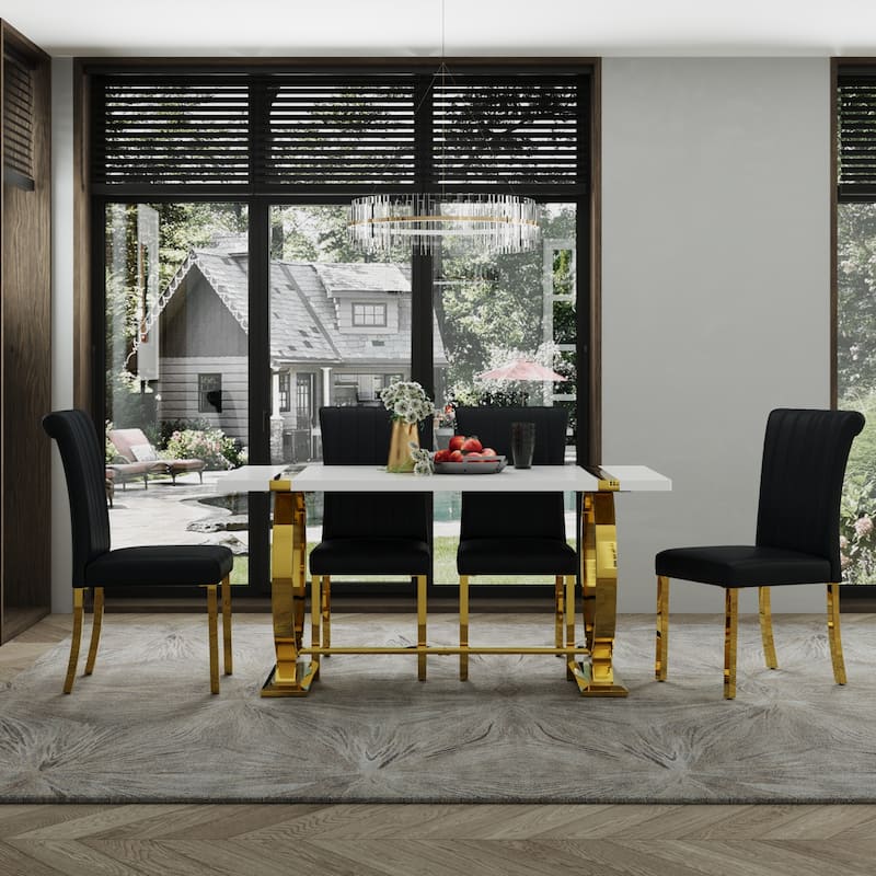 Luxury Dining Table Set with PU Leather Dining Chairs - White Table Gold Chairs - Table with 4 Chairs