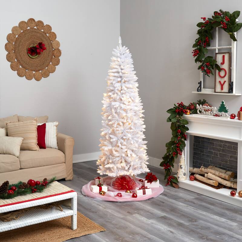 7’ Pre-Lit Slim White Artificial Christmas Tree, Warm Clear LED Lights - 7 Foot