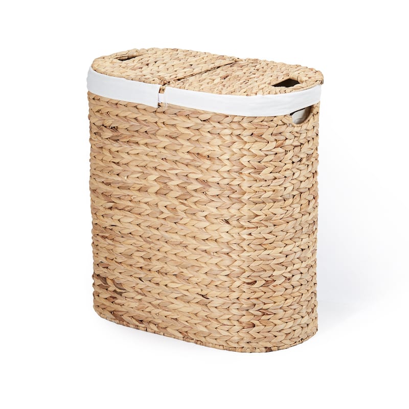 Seville Classics Hand Woven Natural Wicker Water-Hyacinth Lidded Oval Double Laundry Hamper