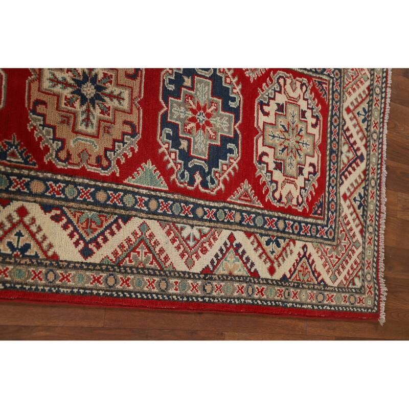 Red Geometric Kazak Oriental Runner Rug Hand-Knotted Foyer Wool Carpet - 2'9" x 10'9"