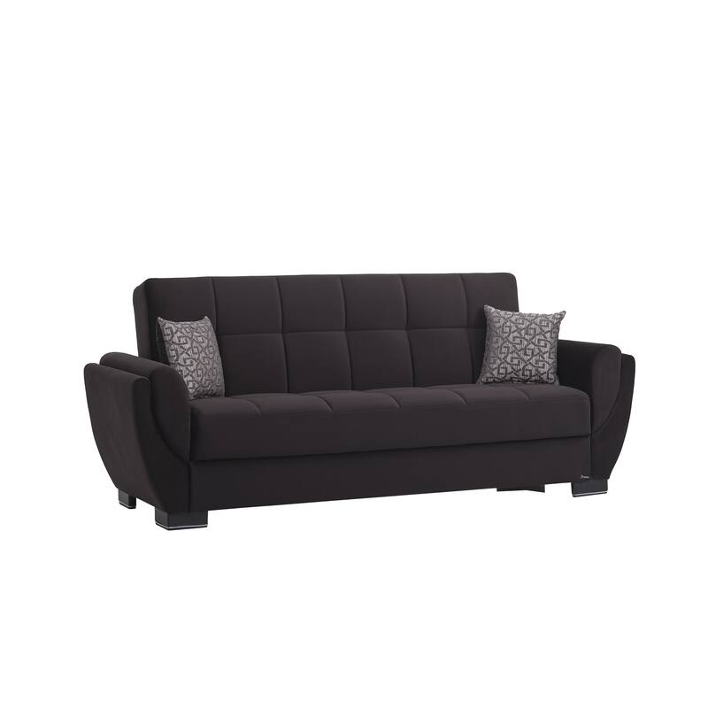 HomeRoots 93" Black Microfiber Convertible Futon Sleeper Sofa And Toss Pillows With Storage