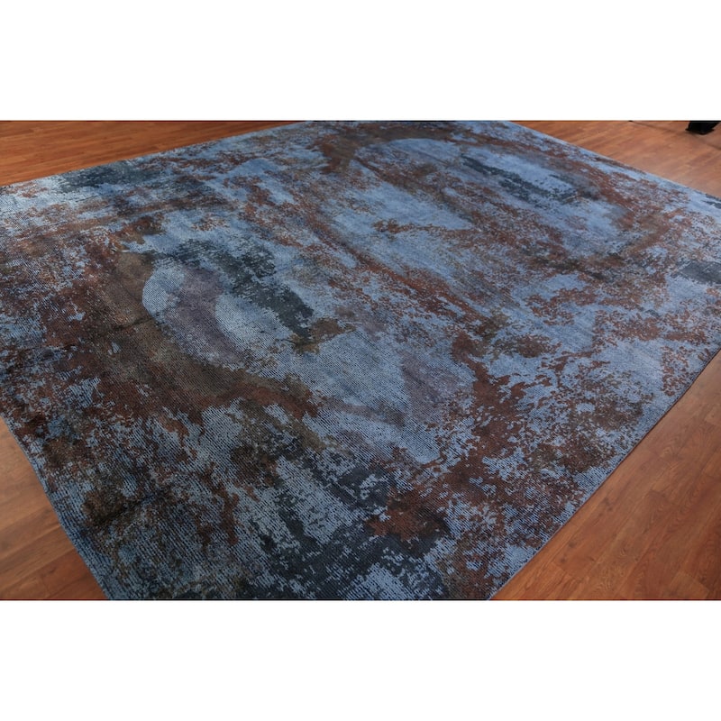 All-Over Blue Abstract Indian Area Rug Handmade Wool Carpet - 9'11"x 13'2"