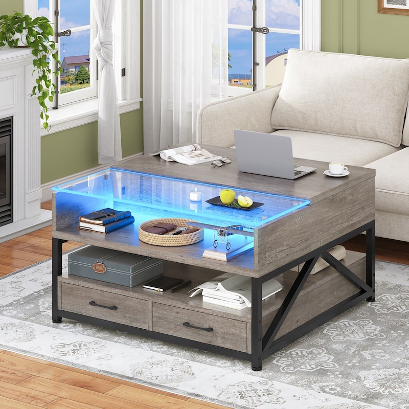 Coffee Table Lift Top 2 Drawers Hidden Compartment for Living Room