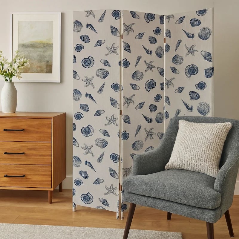 71 Inch 3 Panel Fabric Room Divider with Seashell Print, Blue