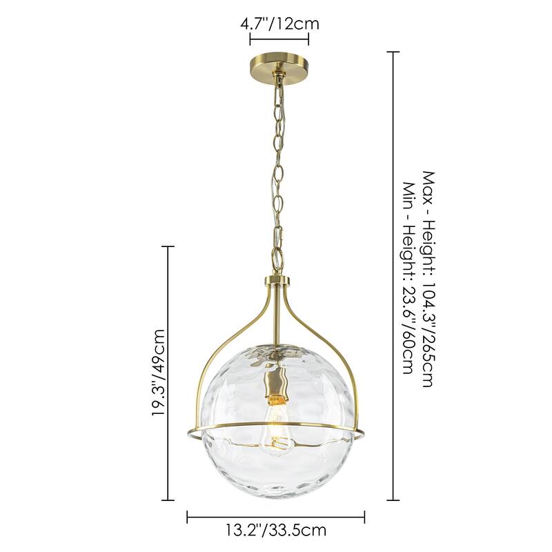 1-Light Modern Transitional Metal & Glass Pendant with Water-Ripple Glass Sphere for Living Room - 13.2" W x 19.3" H