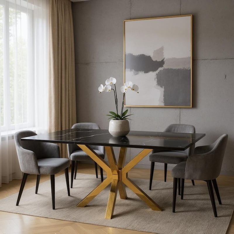 HomeRoots 63" Black and Gold Marble and Metal Cross Leg Base Dining Table - 63 in. x 29.9 in. x 35.4 in. - Black - 63 in. x 29.9 in.  x 35.4 in.