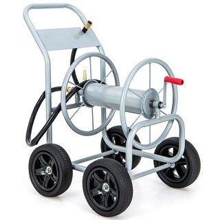 Glitzhome Garden Hose Reel Cart With 4 Wheels, Feet Of 5/8" Hose Reel Holds Metal Heavy Duty Hose Reel Carts For Outside Portable Water Hose Organizer Solid Tires For Yard Garden Lawn