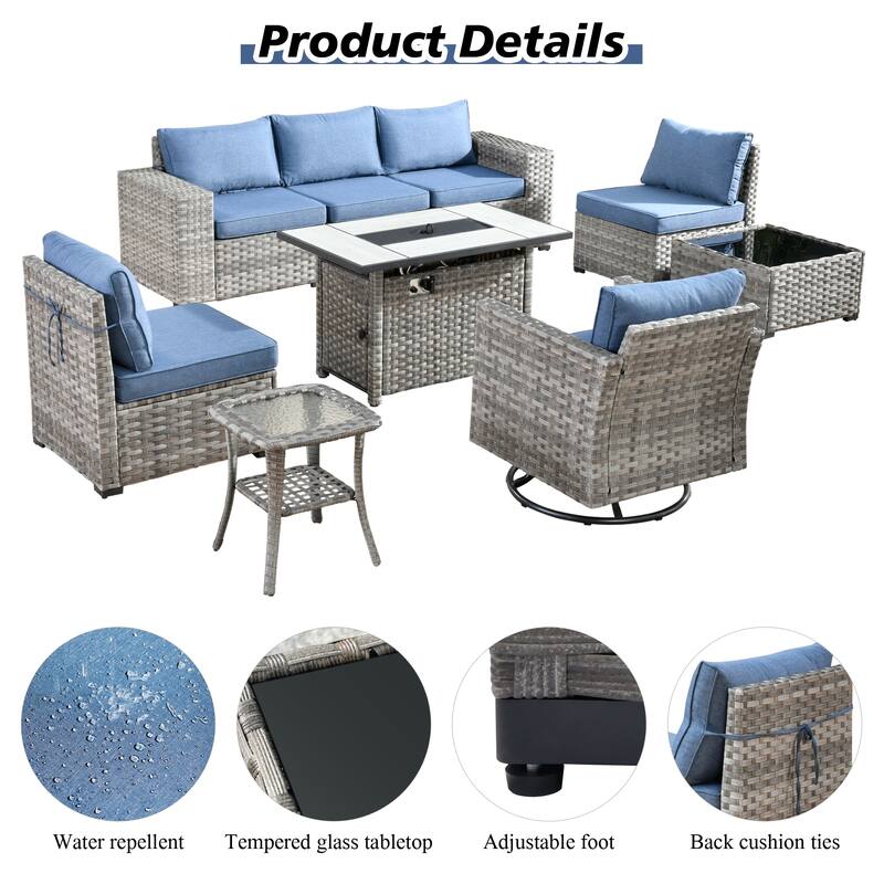 HOOOWOOO 9-piece Wicker Outdoor Modular Wide Armrest Sectional Set Fire Pit Set