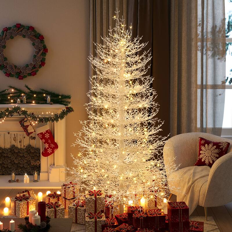 6 FT Artificial Christmas Tree with Snow Flocked Branch Tips and LED Lights, Holiday Decoration Tree for Home Party - White