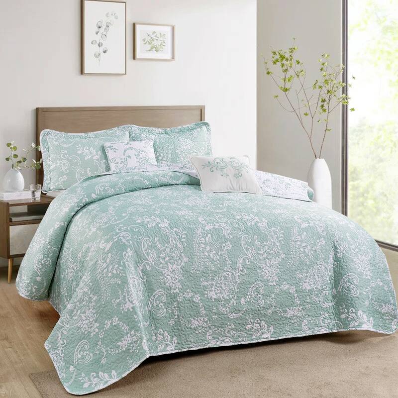 Serenta 5 Piece Printed Microfiber LA Boheme Quilt Set - teal turquoise - King