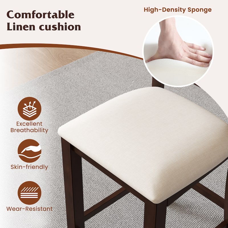 Set of 2 Stylish Walnut Rubber Wood Bar Stools with Cushioned Linen Seats for Kitchen Islands - 15.5" x 19" x 40"