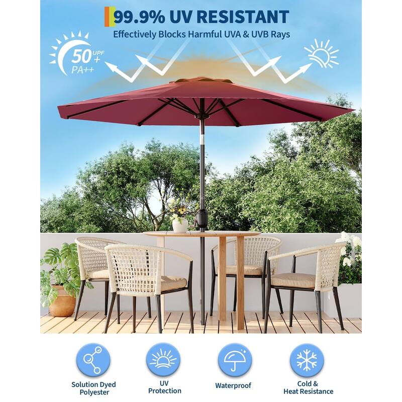 Coromose 9FT Outdoor Patio Umbrella, 8 Sturdy Ribs, for Garden, Poolside, Deck - Dark Red