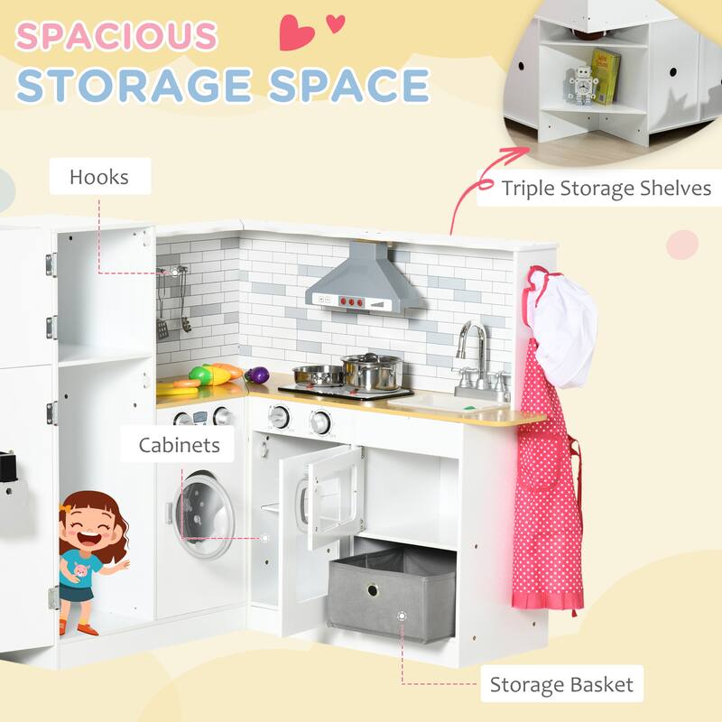 Qaba Corner Play Kitchen Set with Sound Effects and Tons of Countertop Space, Large Wooden Kitchen with Washing Machine