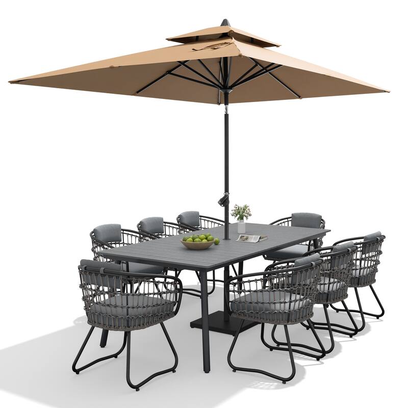 9/11-piece Outdoor Dining Set w/ Umbrella and Base Aluminum Dining Table and PE Rattan Wicker Chairs