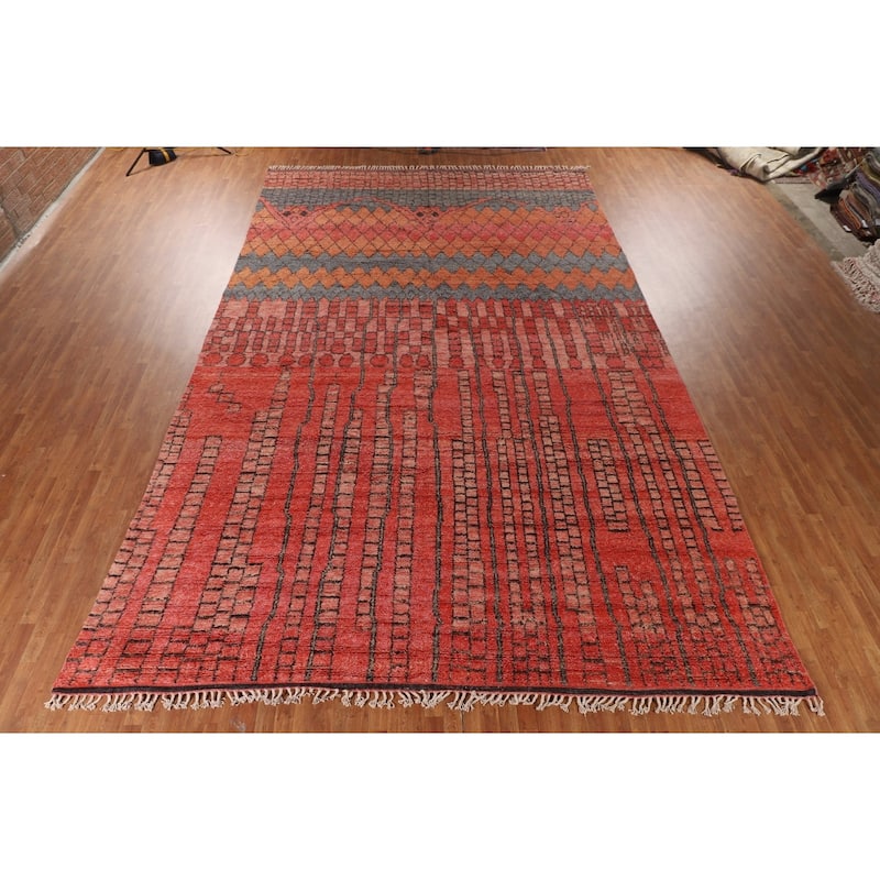 Geometric Coral Moroccan Large Oriental Area Rug Handmade Wool Carpet - 11'4" x 18'6"