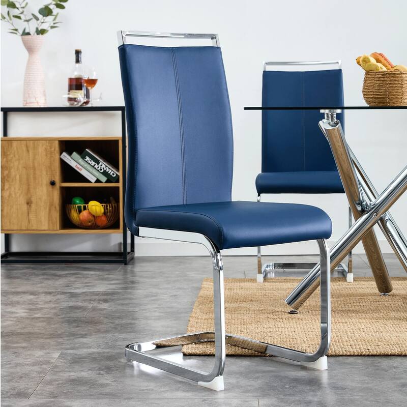Modern PU Faux Leather High Back Dining Chairs with C-shaped Tube Chrome Metal Legs