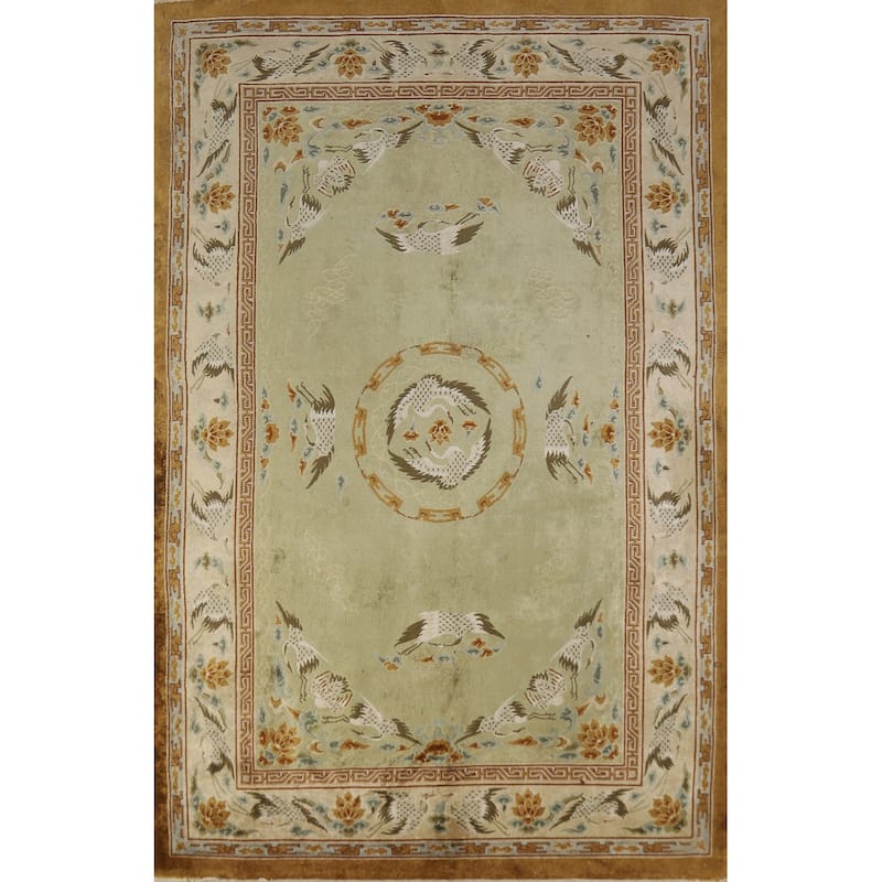 Hand Knotted Oriental Silk Carpet Traditional Medallion Green Art Deco Area Rug - 9' 0'' X 6' 0''