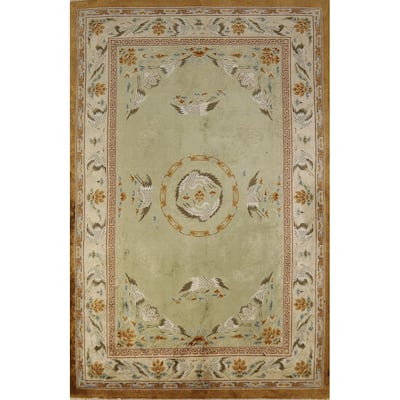 Hand Knotted Oriental Silk Carpet Traditional Medallion Green Art Deco Area Rug - 9' 0'' X 6' 0''