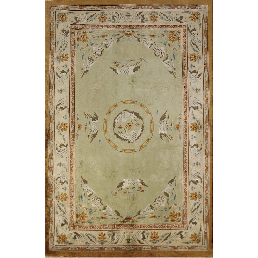 Hand Knotted Oriental Silk Carpet Traditional Medallion Green Art Deco Area Rug - 9' 0'' X 6' 0''