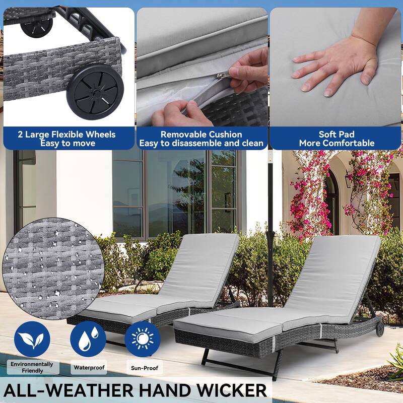 Wicker recliner, outdoor PE cane pool recliner with adjustable back and removable mat and wheels