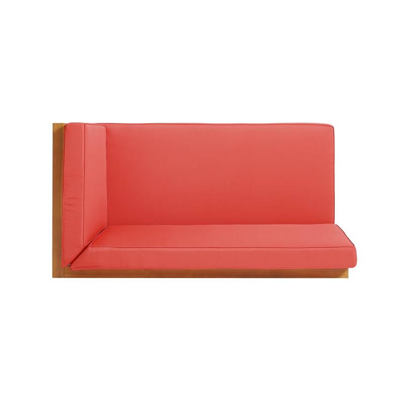 Acacia Wood Outdoor Corner Bench Set with Coffee Table Cross-Back Design Red Cushions