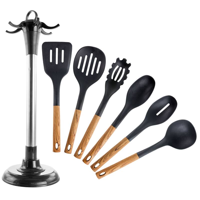 Nylon and Wood Decal 7 Piece Kitchen Utensils and Holder in Midnight