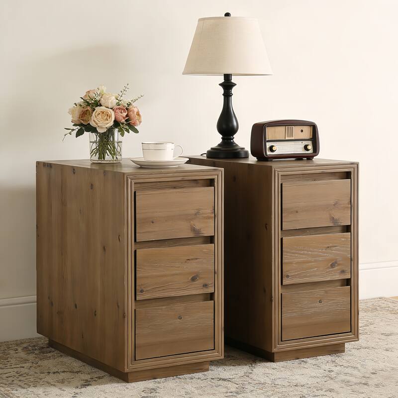 Rustic 3-Drawer Solid Wood Nightstand, Fully Assembled, 23.62"H - Brown 2 Packs - 3-drawer
