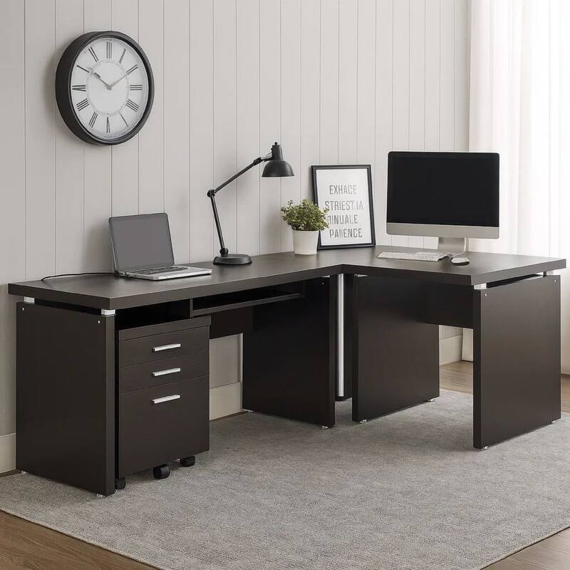 Niti 2 Piece Home Office L Desk with File Cabinet, Keyboard Tray Dark Brown