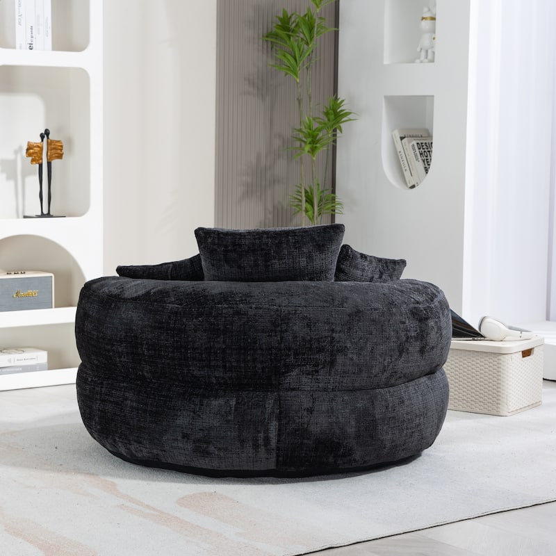 Chenille Oval Bean Bag Chair, Memory Foam Filling Lazy Sofa, Adults Lounge Chair with 3 Pillows & Semi-Wraparound Armrests