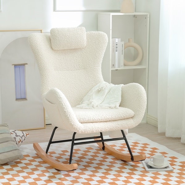 slide 2 of 2, Teddy Upholstered Rocking Chair Nursery with High Backrest and Adjustable Headrest