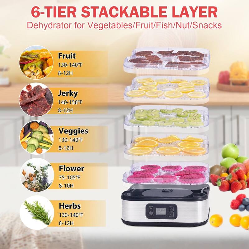 Food Dehydrator, Stainless Steel Trays Dehydrators for Food and Jerky, Herbs, Fruit, Dehydrator Machine with Digital Timer