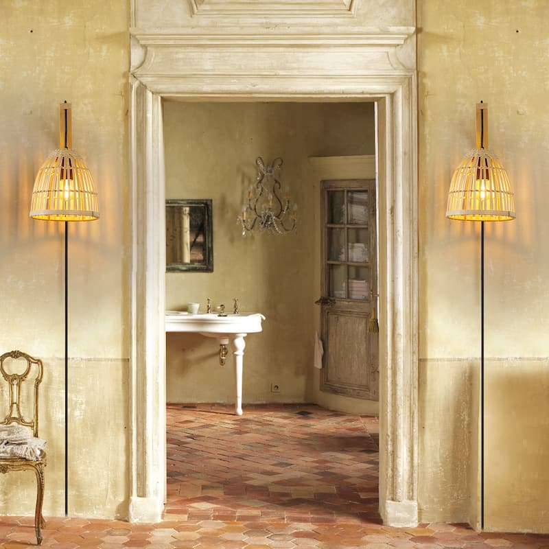 Unique Bamboo Plug in Wall Light Fixture -Wood Rattan Lampshade Wall Sconces for Kitchen Island Living Room Restaurant - Yellow