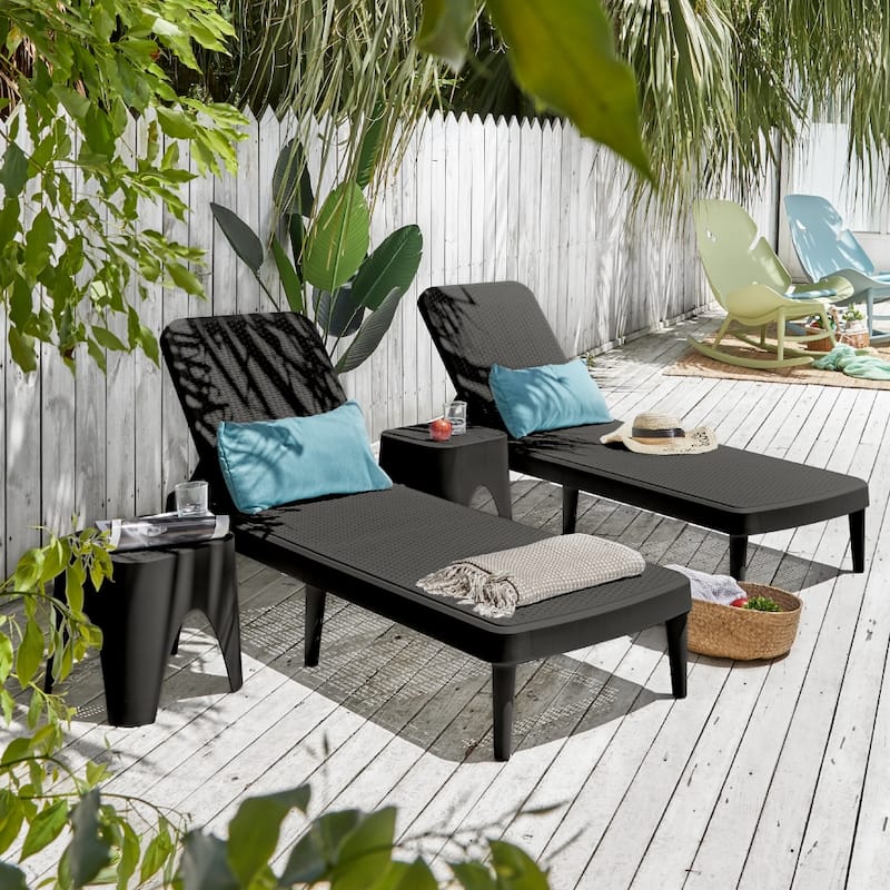 Tahiti Resin Outdoor Chaise Lounge Set With 2 Side Tables - Black